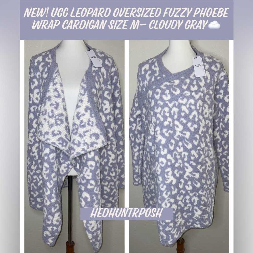 🎉HP🎉New! UGG Leopard Oversized Fuzzy Phoebe Wrap Cardigan Size M- Cloudy Gray☁️